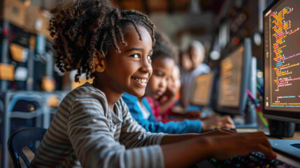 Young girl enthusiastically learning coding at a computer lab, surrounded by peers, emphasizing fun and educational technology.