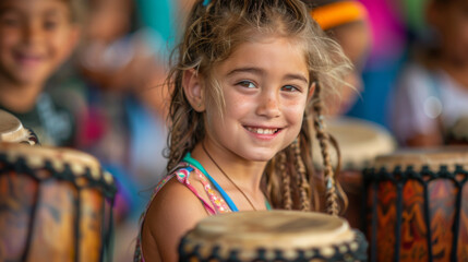 Young girl smiling while playing a drum at a cultural event, surrounded by other children, celebrating music and diversity.