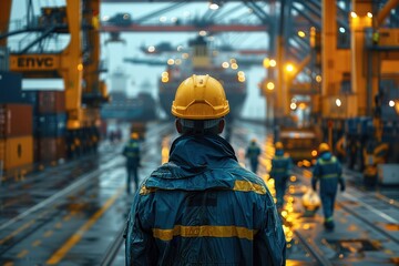 Dock worker overseeing container terminal operations. Dock worker in protective gear supervises activities at a busy container terminal, illuminated by industrial lighting during dusk.