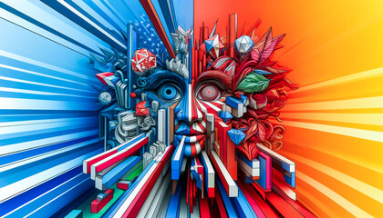 Fototapeta premium A vibrant, geometric face split in half with blue mechanical elements on the left and red organic patterns on the right, symbolizing a blend of technology and nature.