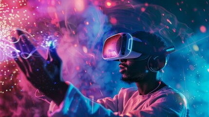A man wearing a VR headset extends their hand into a vibrant, neon-lit virtual environment with swirling smoke and dynamic lights, capturing the immersive and futuristic essence of virtual reality.