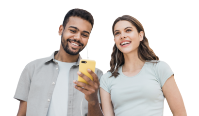 Young couple using smart phone isolated in transparent PNG, Happy portrait of joyful smiling woman and man looking at mobile phone, Love, technology connection, summer fun, travel concept