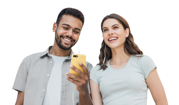 Young couple using smart phone isolated in transparent PNG, Happy portrait of joyful smiling woman and man looking at mobile phone, Love, technology connection, summer fun, travel concept