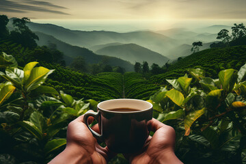 Hands holding coffee cup with the plantation background.