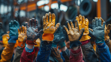 Workers raising their gloved hands in unison, symbolizing teamwork, solidarity, and labor in an industrial setting.