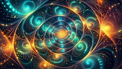 Abstract fractal pattern with vibrant swirling colors and glowing lights..