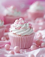 Delicious pink cupcakes with white frosting and pearls on a pink tablecloth for a glamorous celebration