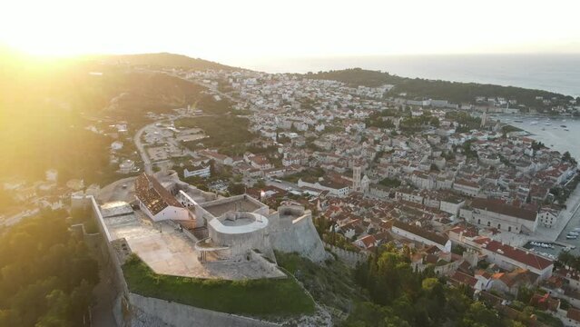 Aerial view of Fortica Fortress and the island and town of Hvar in Croatia