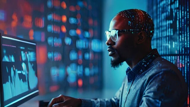 AI Cybersecurity Threat Illustration Concept with African American IT Specialist Analyzing Data