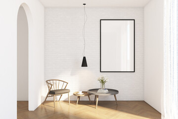 3d render of minimal interiordesign of hallway with armchair, coffee table, hanging lamp and frame mock up. Wood parquet floor, white brick wall and white ceiling. Set 2