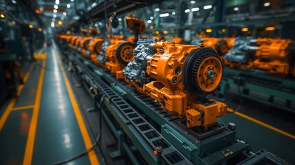 Orange engines on assembly line. Orange engines aligned on a factory assembly line, showcasing the precision and organization in automotive manufacturing.