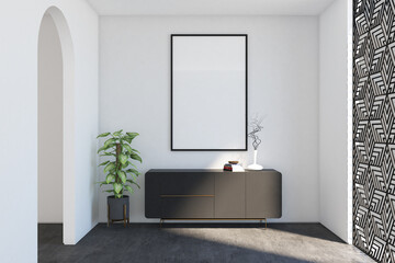 3d render of minimal interiordesign of hallway with credenza, plant and frame mock up. Gray cement floor, white brick wall and white ceiling. Set 10