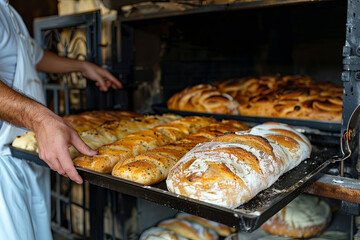 Unrecognizable baker removing a tray of freshly baked, delicious breads from the oven, highlighting the artistry and tradition of Sicilian cuisine