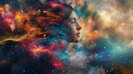 beautiful woman enveloped by the captivating allure of a space nebula, transcending earth. beauty of a woman's features enhanced by the vibrant and expressive strokes of a digital paint splash.