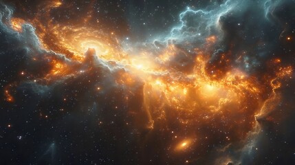 A colorful galaxy with a bright orange star in the center