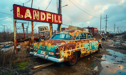 Obraz premium Rusty signage spelling LANDFILL towers over a pile of discarded vehicles and waste, a stark symbol of environmental concerns and waste management issues