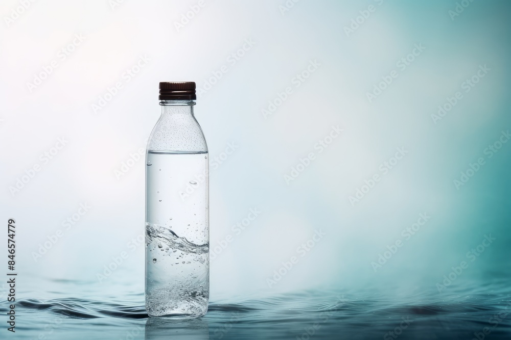 Wall mural a glass water bottle with splashes and splashes on a light blue background. copy space, mock up.