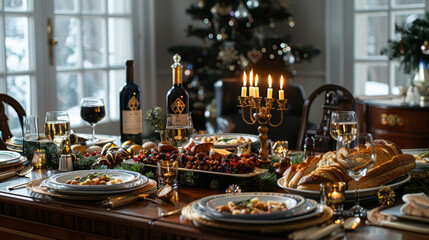 Beautifully decorated Christmas dinner table with candles, festive food, and wine, creating a warm and elegant holiday atmosphere.