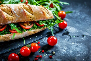 Fresh vegetarian sandwich with arugula and cherry tomatoes