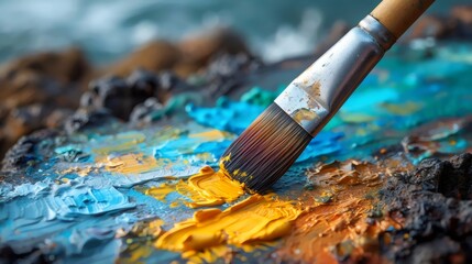 A brush is painting a blue and yellow painting