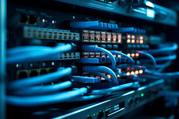 Information Technology Computer Network, Telecommunication Ethernet Cables Connected to Internet Switch. 
