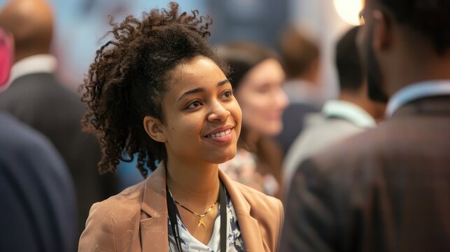 Businesswomen and businessmen exchanging ideas and insights during a networking session at a conference