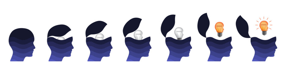 Blue open minded human head set with head shape lightbulb. 3d idea concept illustration to use in business, logical thinking, open mind, idea concept projects. 