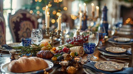 Opulent holiday dinner table adorned with candles, fruits, and fine tableware, exuding luxury and festive cheer.