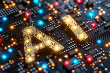 AI glowing neon sign with golden letters, futuristic tech design, high tech urban setting