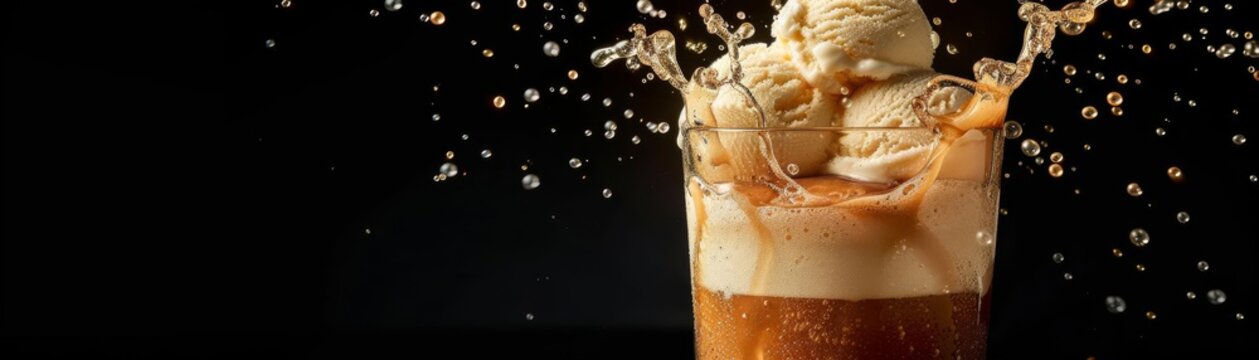A classic root beer float with scoops of vanilla ice cream in a tall glass, overflowing with frothy bubbles against a black background