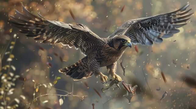 falcon in mid-air, talons outstretched as it dives towards the ground in pursuit of its prey
