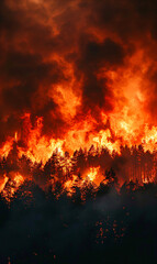 Obraz premium Intense forest fire raging through dense woodland, capturing the dramatic impact of natural disasters and climate change, ideal for environmental awareness and disaster management illustrations