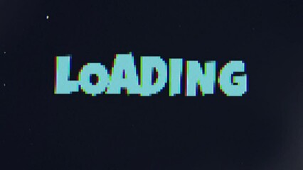 Pixelated loading text message animation on a black background with light leaks and old style film frame effects