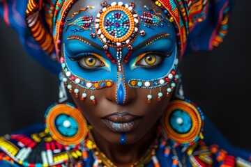 Fototapeta premium Vibrant tribal makeup and colorful ethnic attire portrait