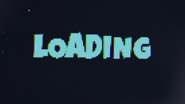 Pixelated loading text message animation on a black background with light leaks and old style film frame effects