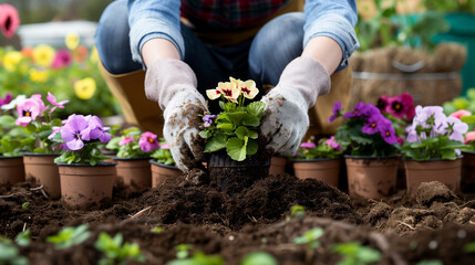 No recognizable Woman repotting flower plants at home garden 