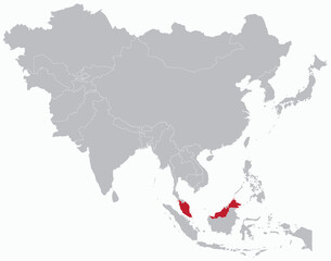 Obraz premium Highlighted red map of MALAYSIA inside grey detailed blank political map of Asia on light blue background, without the Middle East and Russia