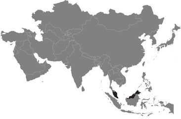 Highlighted black map of MALAYSIA inside dark grey detailed blank political map of Asia using orthographic projection on transparent background, without Russia