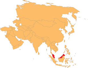 Highlighted red map of MALAYSIA inside orange detailed political map of Asia using orthographic projection on transparent background