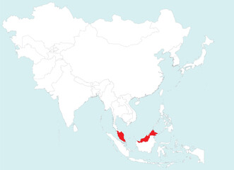Highlighted red map of MALAYSIA inside white detailed blank political map of Asia on blue background, without the Middle East and Russia