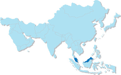 Highlighted blue map of MALAYSIA inside light blue 3D blank political map of Asia orthographic projection on transparent background, without Russia