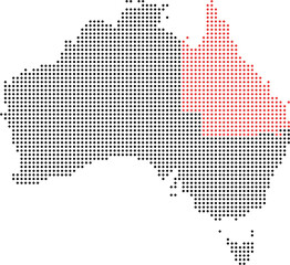 Obraz premium Queensland Map Halftone Dots Australia Country Illustration Halftones Background for Design Presentation. vector abstract pixel black of Australia map. easy editing