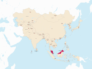 Highlighted red map of MALAYSIA inside light red detailed political map of Asia using orthographic projection on white and blue background