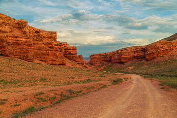 View of the Charyn Canyon at sunset. South-Eastern Kazakhstan.