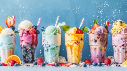 Naklejka premium Colorful assorted milkshakes with fresh fruits and sweets