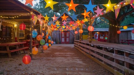 Naklejka premium Colorful bunting and lanterns lined the party area creating a lively and inviting atmosphere for the young cowpokes.