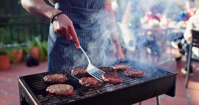 Grill, burger and barbecue dinner for party, meat and outdoor backyard cookout. Flames, food and smoke for bbq, bonding and relax cooking with traditional American culture for Independence day