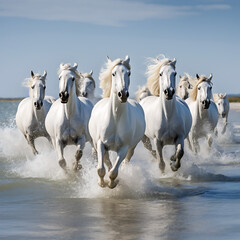 Naklejka premium Herd of white Camargue horses running in water, France