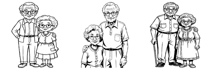 Grandma and Grandpa . Fictional Characters. Black and White Cartoon. Design for greeting cards. Generated by Ai