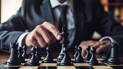 Business leader makes strategic decisions to drive sales. Man in business suit, chess, looking for opportunity, tactics, thinking through, analysis, acting in advance. Generative by AI